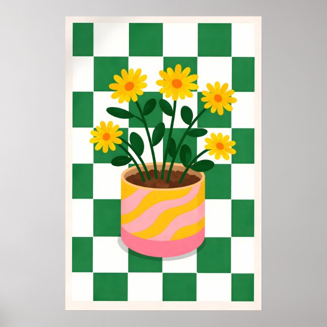 Gul blomsterväxtaffisch, grön rutig poster (Framsidan)