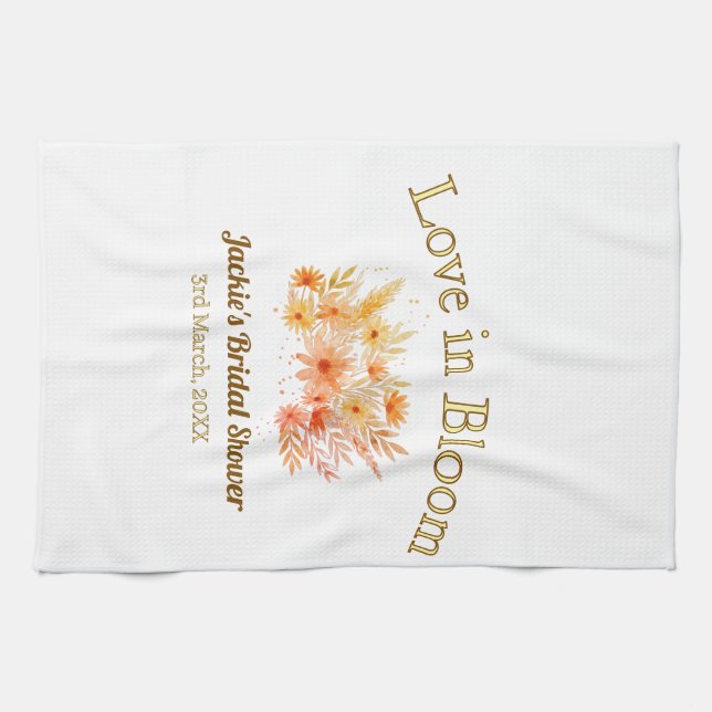 gul boho kärlek i blom bröllopsdusch namn retro kökshandduk (Horisontell)