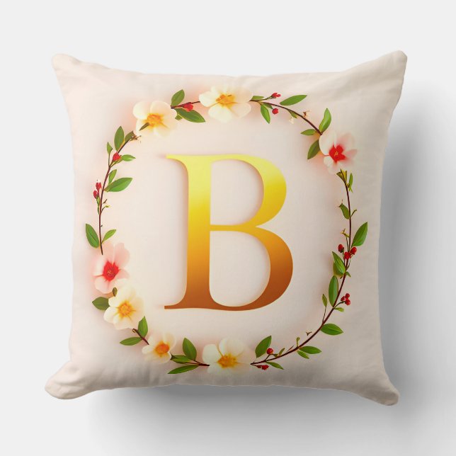 Gul bokstav B dekorerad med blomsterkrans Kudde (Framsida)