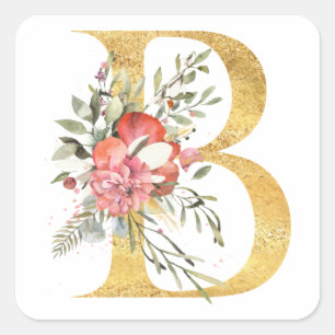Gul bokstav B med blommor Fyrkantigt Klistermärke