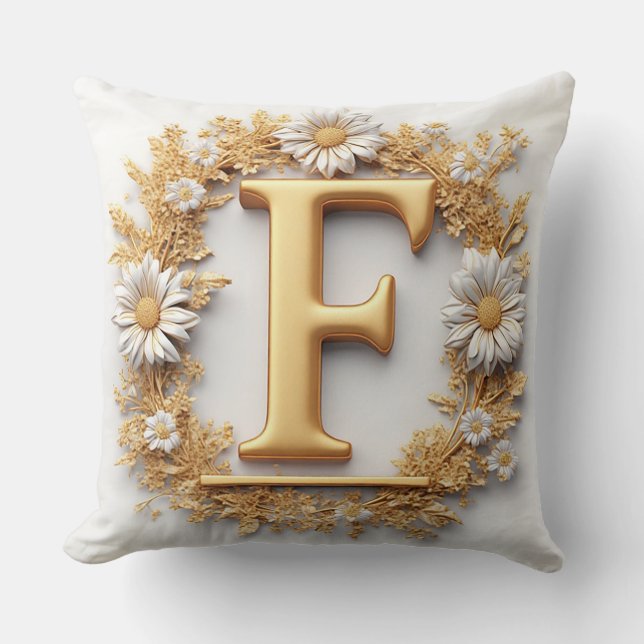 Gul bokstav F med blomsterkransdekoration Kudde (Framsida)