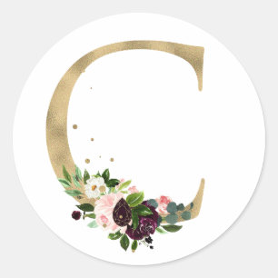 Gul bokstav MONOGRAM boho burgunder blommor Runt Klistermärke