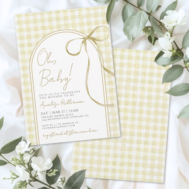 Gul Bow Gingham Bebis Shower Inbjudningar (Yellow Bow Gingham Baby Shower Invitation)
