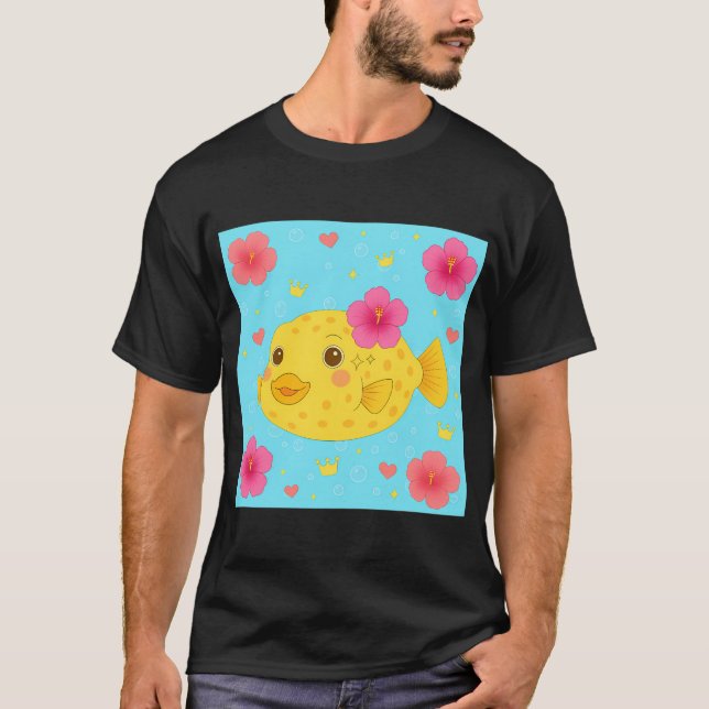 Gul boxfisk och hibiskus - Blå T Shirt (Framsida)