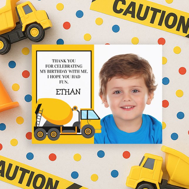 Gul Cementbil Födelsedagsfoto Tack Kort (Yellow and black construction birthday party photo Thank You card. )