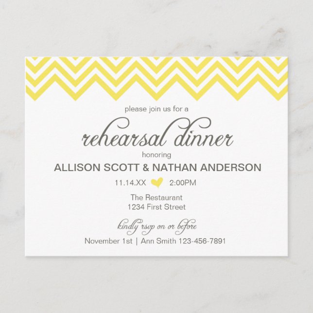 Gul Chevron repetition middag inbjudan postkort Vykort (Framsida)
