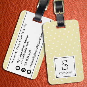 Gul Chic Svart Monogram & Namn Vita Polkprickar Bagagebricka