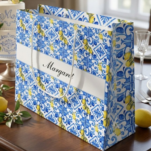 Gul Citron Blå Kakel Aquarell Monogram Namn (Skapare uppladdad)