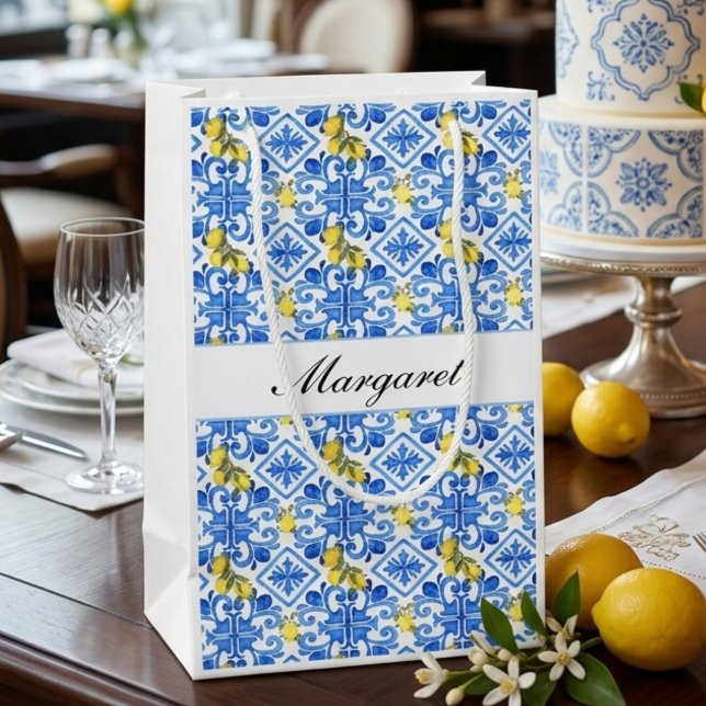 Gul Citron Blå Kakel Vattenfärg Monogram Namn (Skapare uppladdad)