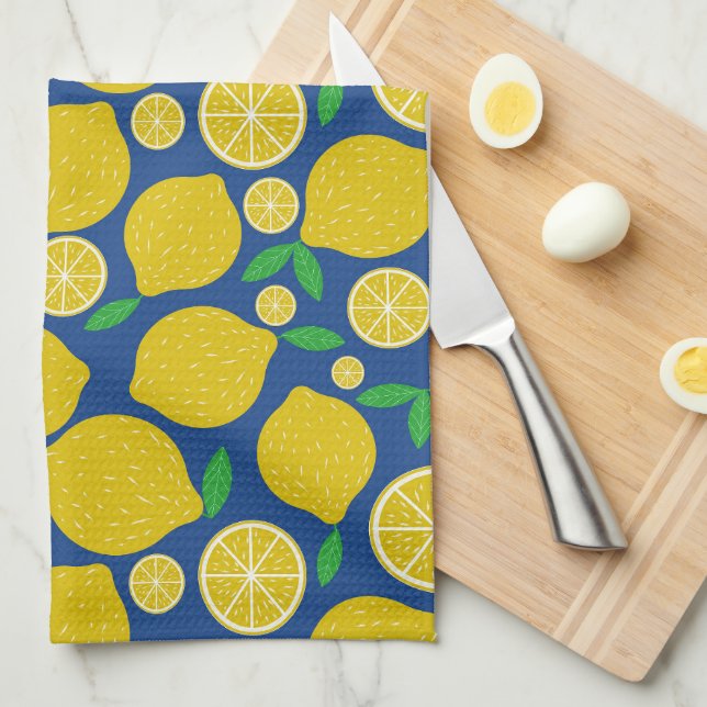 Gul Citron Citrusmönster på Blått  Kökshandduk (Vikt i Fjärdedel)