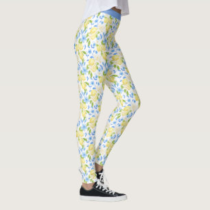Gul Citron Frukt Blå Blommig Blad Mönster Design Leggings