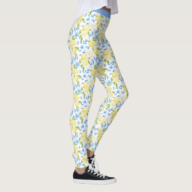 Gul Citron Frukt Blå Blommig Blad Mönster Design Leggings (Höger)