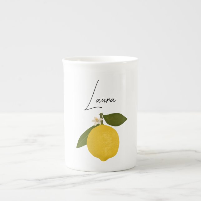 Gul citron med gröna blad | Frisk citrus  Benporslin Mugg (Framsidan)