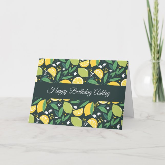 Gul citron och grön lime frukt mönster födelsedag kort (Framsida)