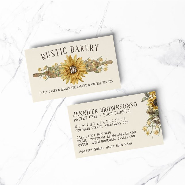 Gul Citron Trä Rullnings Pinne Sunflower Bakery Visitkort (Lemon Yellow Wood Rolling Pin Sunflower Bakery Business Card)