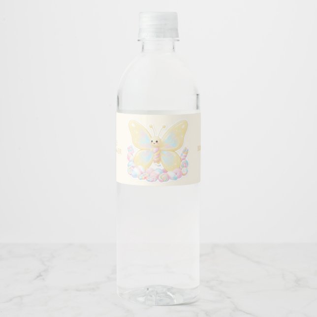 Gul Citronkräm Fjäril Baby Shower Vatten Vattenflaskor Etikett (Framsida)
