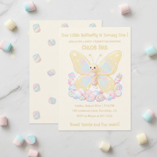 Gul Citronkräm Fjäril Barnkalas Inbjudningar (Yellow Lemon Cream Butterfly Kids Birthday Invitation)