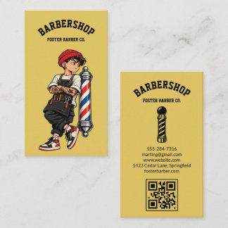 Gul Cool Barber Maskot Hårstylist QR Visitkort