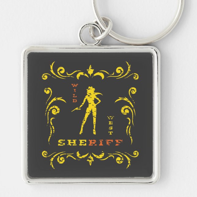 Gul Cowgirl Keychain Fyrkantig Silverfärgad Nyckelring (Framsidan)