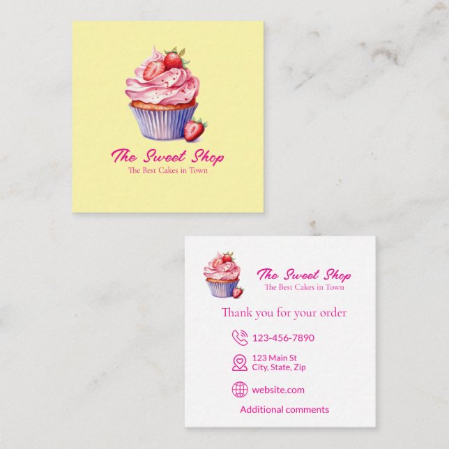 Gul Cupcake Bakery-kort | Redigerbar logotyp Fyrkantigt Visitkort (Fram/baksida)