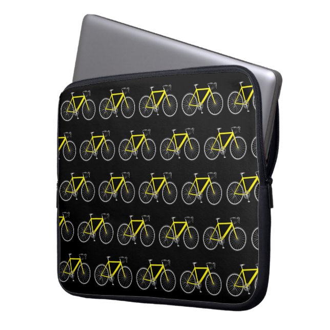 Gul cykel på svart bakgrund laptop fodral (Framsidan Vänster)