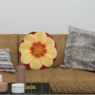 Gul Dahlia på tegelröd blomma Rund Kudde