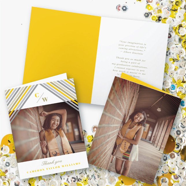 Gul Diagonala Ränder Foto Modern Examen Tack Kort (Yellow Diagonal Stripes Monogram, Photo Modern Graduation Thank You Card @ zazzle.com/color_therapy)