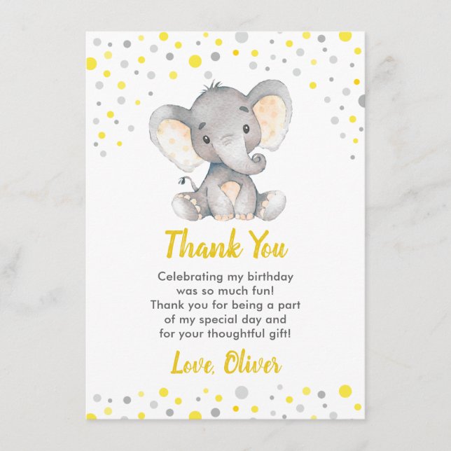 Gul elefant 1-års födelsedagsfest Lilla nöt Tack Kort (Framsida)
