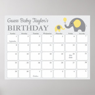 Gul Elefant Baby Födelsedags Förutsägelse Kalender Poster