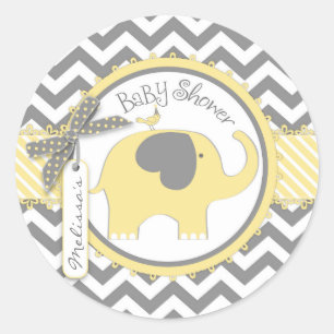 Gul elefant- och sparretryckbaby shower runt klistermärke