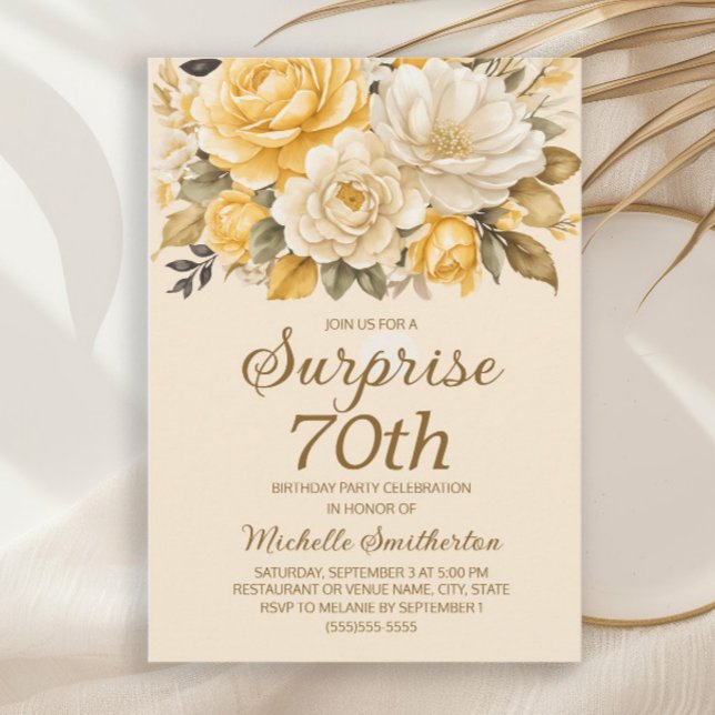 Gul Elfenbenskräm Vattenfärg Blommig Överraskning Inbjudningar (Yellow and ivory/cream-colored watercolor floral surprise 70th birthday party invitation for her.)