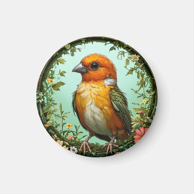 🐤 Gul Fågel Blommig Ram Naturcharm 🐤 Magnet (Framsidan)