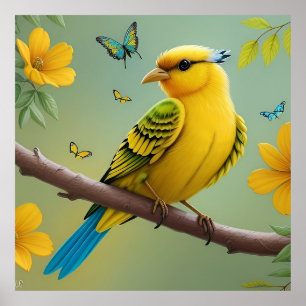 Gul fågel på gren poster