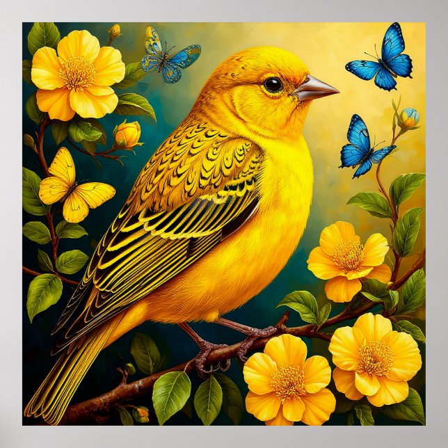 Gul fågel sittande bland ljusa blommor poster (Framsidan)
