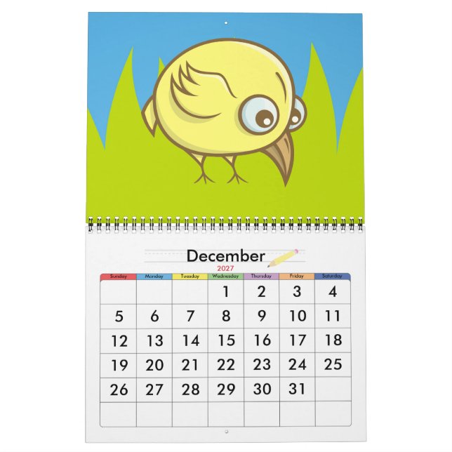 Gul fågel tecknad film kalender (Dec 2027)