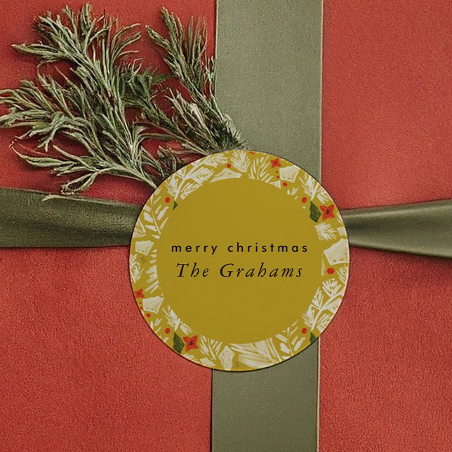 Gul festlig botanisk högtid runt klistermärke (Yellow Festive Botanical Holiday Classic Round Sticker)