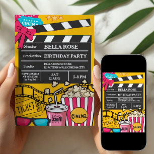 Gul filmkväll födelsedagsfest för tjejer inbjudningar