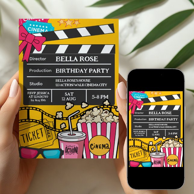 Gul filmkväll födelsedagsfest för tjejer inbjudningar (Skapare uppladdad)