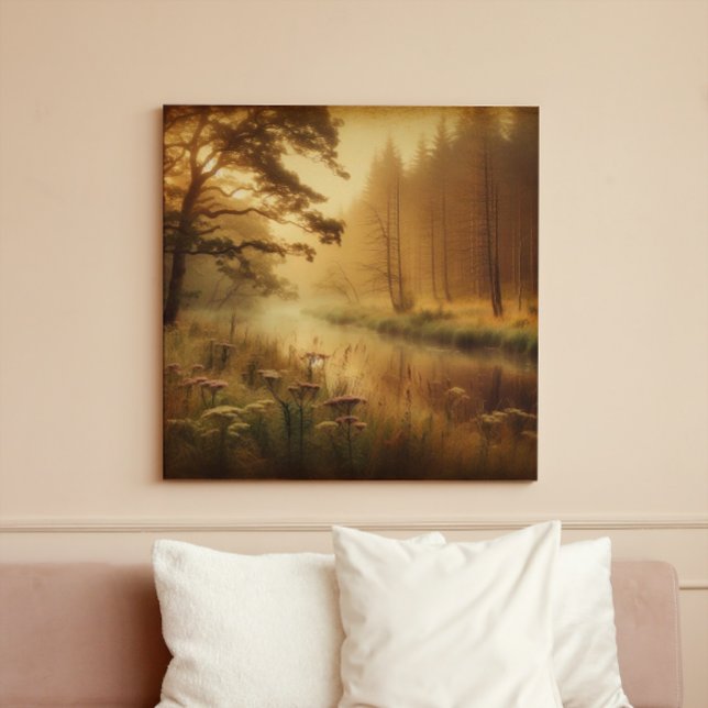 Gul floddis – Vintage Canvastryck (Misty forest dawn. Ethereal swamp landscape art. #Atmospheric #NatureLoversGift)