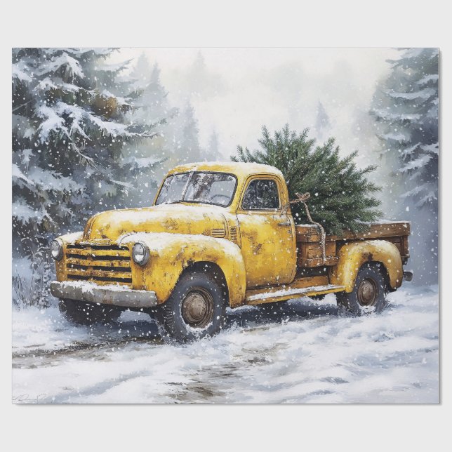 Gul gammal pickup-lastbil julgran presentpapper (Platt)