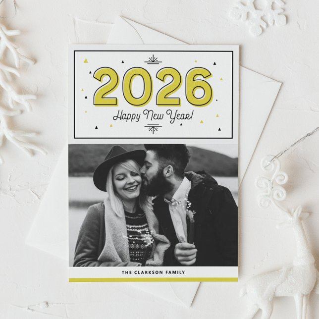 Gul geometrisk typografi Foto Gott nytt år Helgkort (Customizable photo New Year card featuring yellow geometric typography and triangles confetti.)