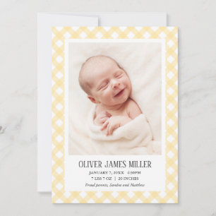 Gul Gingham Baby Födelse Annonserings Fotokort Meddelande