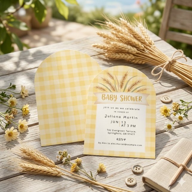 Gul Gingham Baby Shower-inbjudan med vete Inbjudningar (Skapare uppladdad)