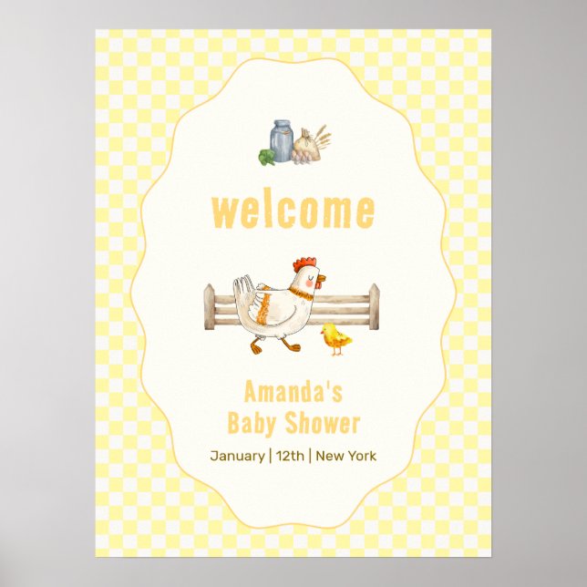 Gul Gingham Bondgårdskyckling Baby Shower Välkomst Poster (Framsidan)