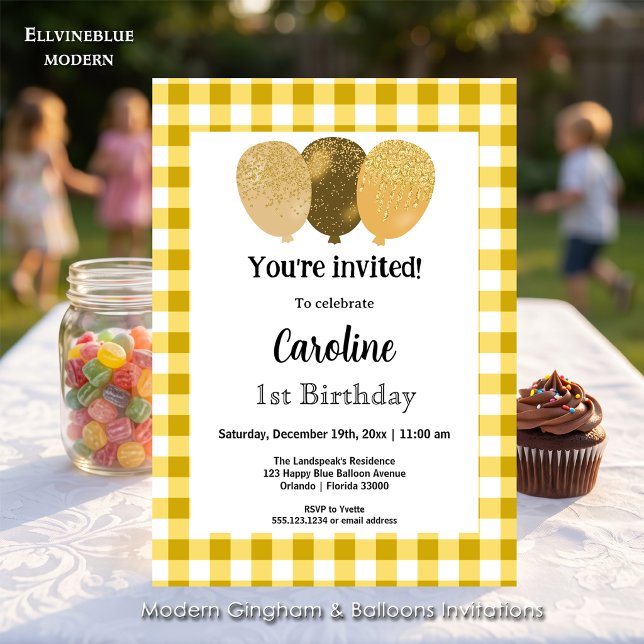 Gul Gingham, Födelsedagsballonger 1-årsdag Inbjudningar (Yellow gingham balloon invitations! For 1st Birthday or any birthday. Size 5” x 7”.)