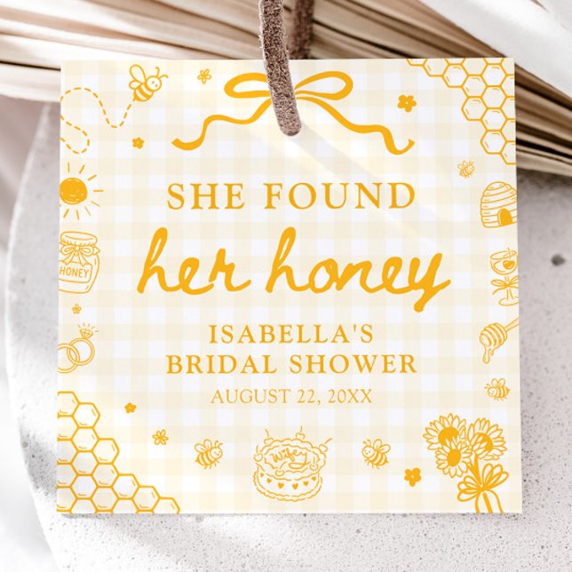 Gul Gingham Hon Hittade Sitt Bi Bröllopsdusch Gåvor Etiketter (Yellow Gingham She Found Her Honey Bridal Shower Favor Tags)