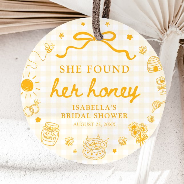 Gul Gingham Hon Hittade Sitt Honungsbröllopsdusch Gåvor Etiketter (Yellow Gingham She Found Her Honey Bridal Shower Favor Tags)