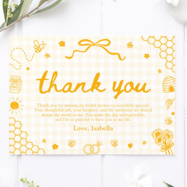 Gul Gingham Honey Bee Bikakemönster Tackkort Tack Kort (Yellow Gingham Honey Bee Honeycomb Thank You Card)