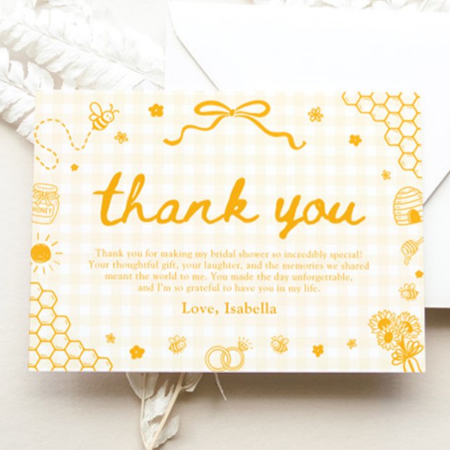 Gul Gingham Honey Bee Bikupa Tackkort Inbjudningar (Yellow Gingham Honey Bee Honeycomb Thank You Card)
