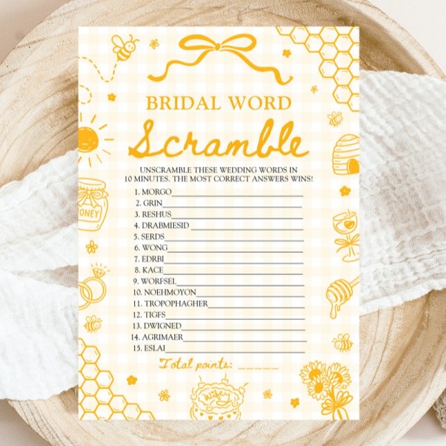 Gul Gingham Honey Bee Brölldags Ordjumble Spel Inbjudningar (Yellow Gingham Honey Bee Bridal Word Scramble Game)